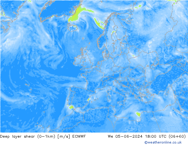 Deep layer shear (0-1km) ECMWF wo 05.06.2024 18 UTC