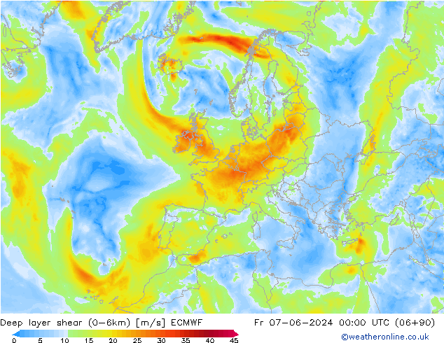 Deep layer shear (0-6km) ECMWF Cu 07.06.2024 00 UTC