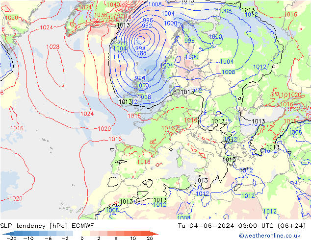 SLP tendency ECMWF Tu 04.06.2024 06 UTC