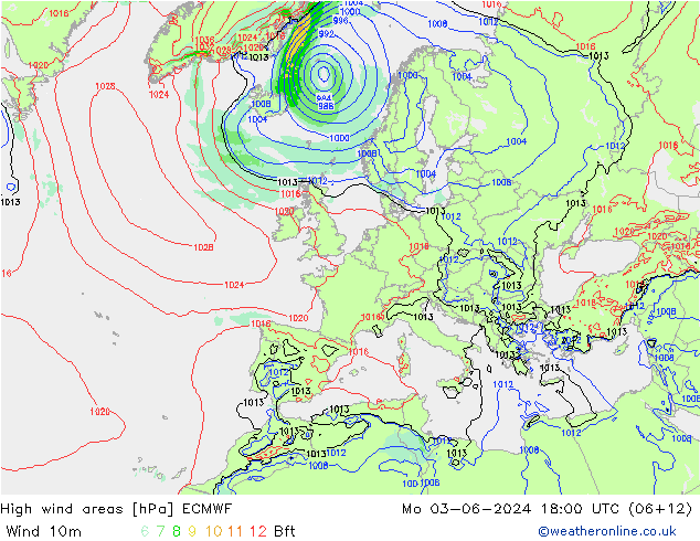 High wind areas ECMWF Po 03.06.2024 18 UTC