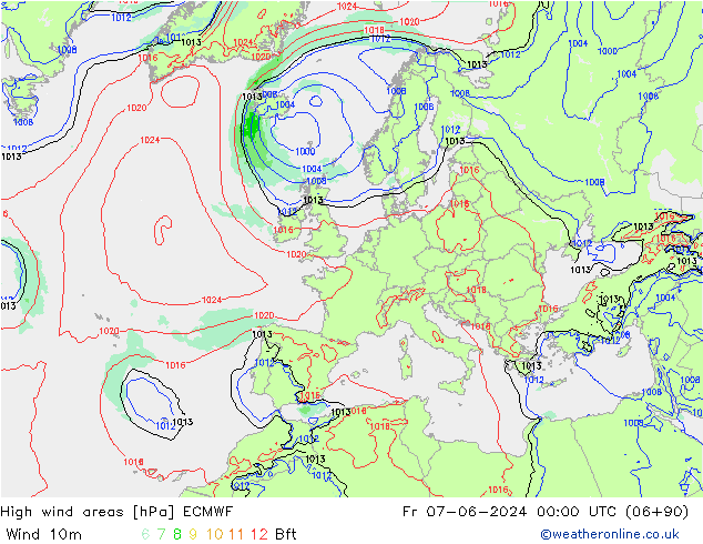 High wind areas ECMWF Pá 07.06.2024 00 UTC