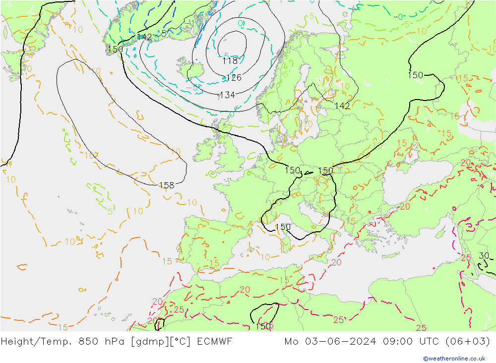 Hoogte/Temp. 850 hPa ECMWF ma 03.06.2024 09 UTC