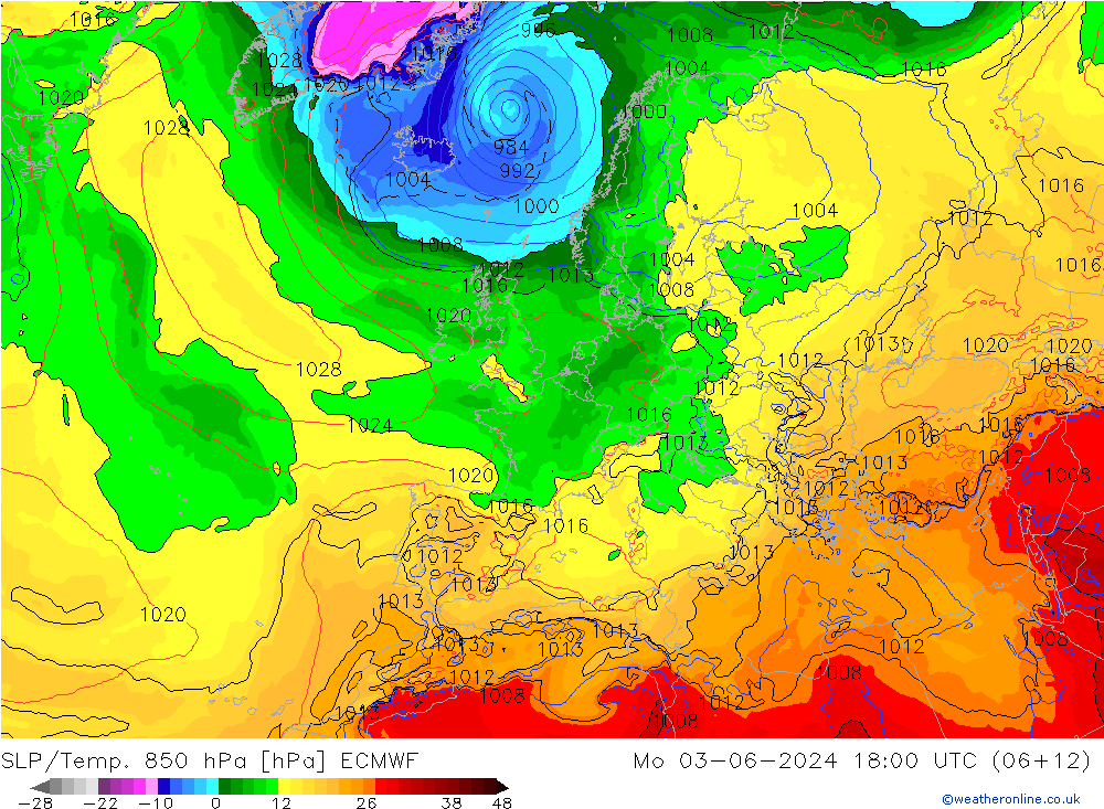 SLP/Temp. 850 hPa ECMWF Mo 03.06.2024 18 UTC