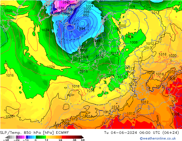 SLP/Temp. 850 hPa ECMWF Di 04.06.2024 06 UTC