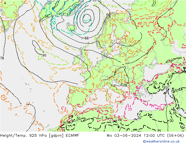 Height/Temp. 925 hPa ECMWF Mo 03.06.2024 12 UTC