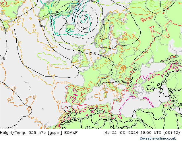 Height/Temp. 925 hPa ECMWF Mo 03.06.2024 18 UTC