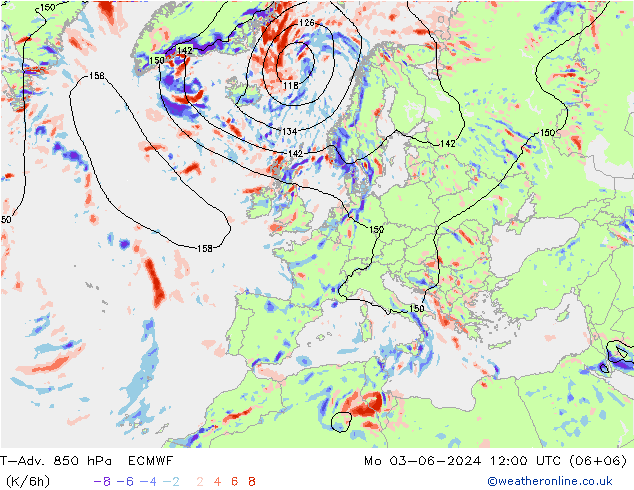 T-Adv. 850 hPa ECMWF pon. 03.06.2024 12 UTC