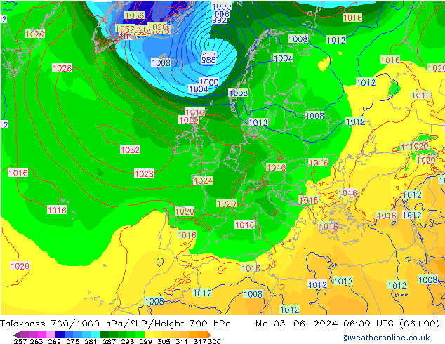 Thck 700-1000 hPa ECMWF lun 03.06.2024 06 UTC