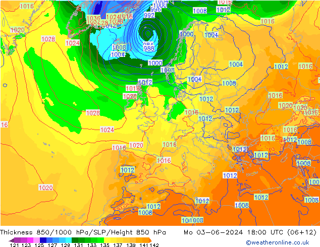 Dikte 850-1000 hPa ECMWF ma 03.06.2024 18 UTC