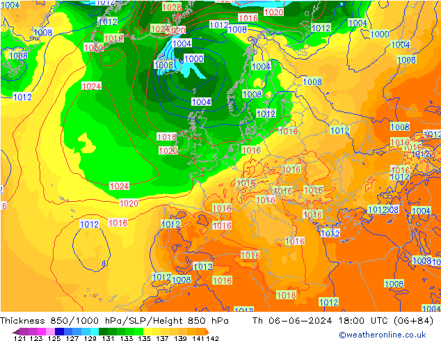 Thck 850-1000 hPa ECMWF Qui 06.06.2024 18 UTC