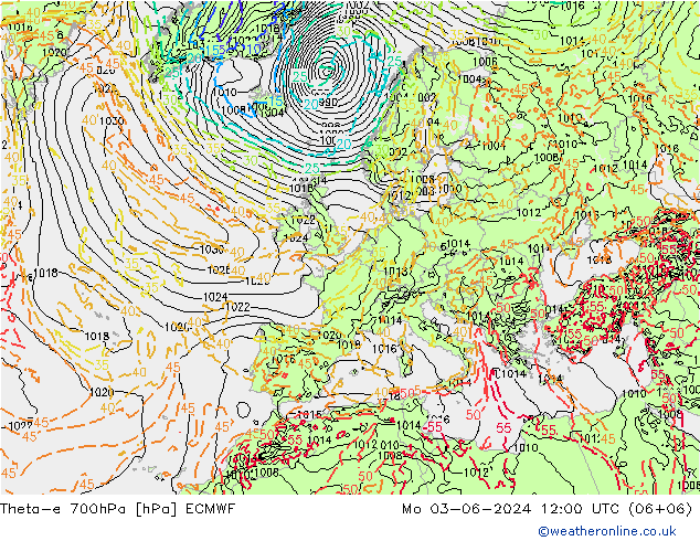 Theta-e 700hPa ECMWF 星期一 03.06.2024 12 UTC