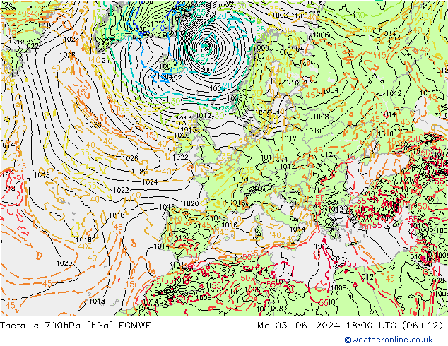 Theta-e 700hPa ECMWF Mo 03.06.2024 18 UTC