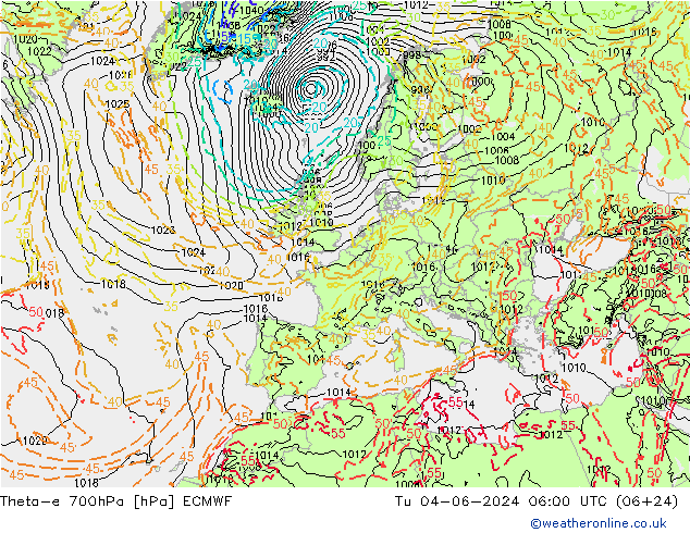 Theta-e 700hPa ECMWF Út 04.06.2024 06 UTC