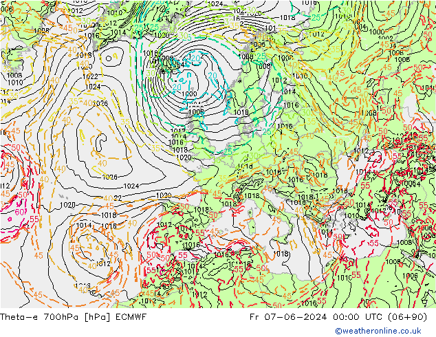 Theta-e 700hPa ECMWF vie 07.06.2024 00 UTC