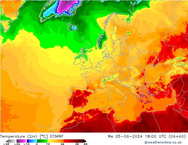 mapa temperatury (2m) ECMWF śro. 05.06.2024 18 UTC