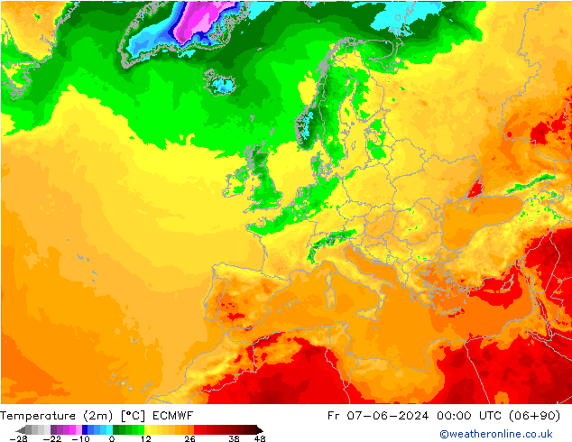 Temperaturkarte (2m) ECMWF Fr 07.06.2024 00 UTC