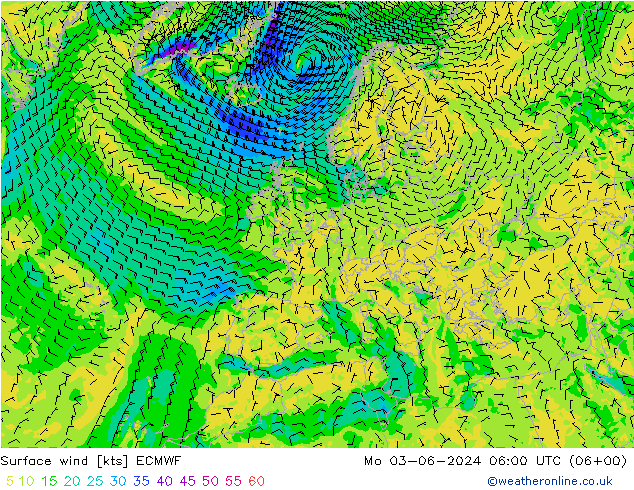 Surface wind ECMWF Po 03.06.2024 06 UTC