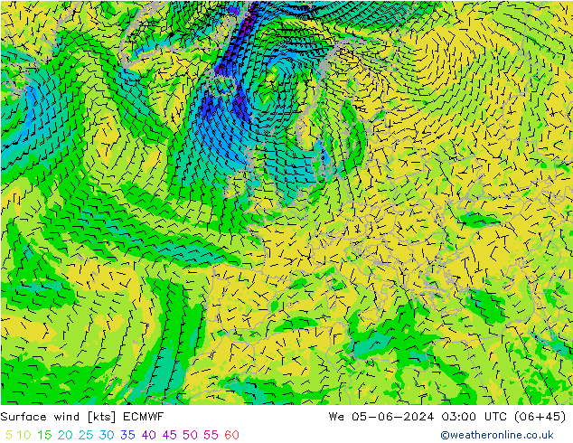 Vento 10 m ECMWF mer 05.06.2024 03 UTC