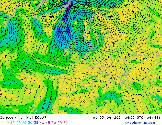 Vento 10 m ECMWF mer 05.06.2024 06 UTC