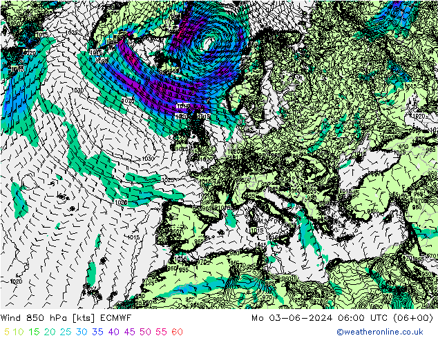 wiatr 850 hPa ECMWF pon. 03.06.2024 06 UTC