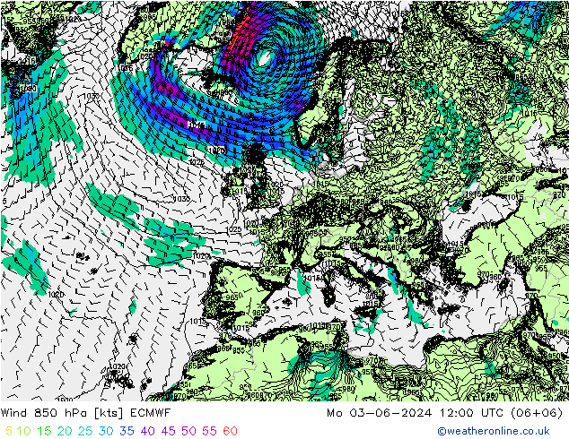 Vento 850 hPa ECMWF lun 03.06.2024 12 UTC