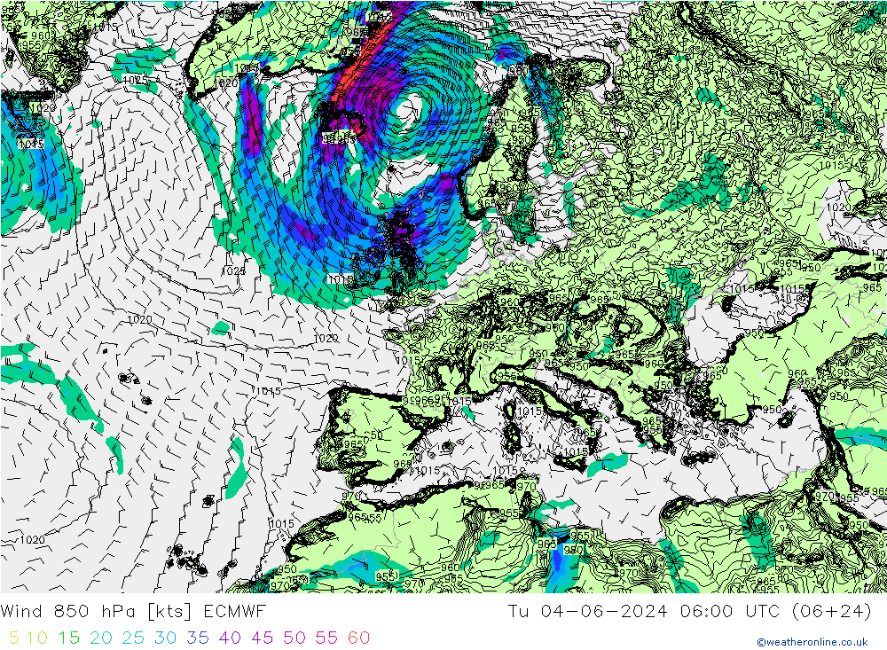 Wind 850 hPa ECMWF Tu 04.06.2024 06 UTC