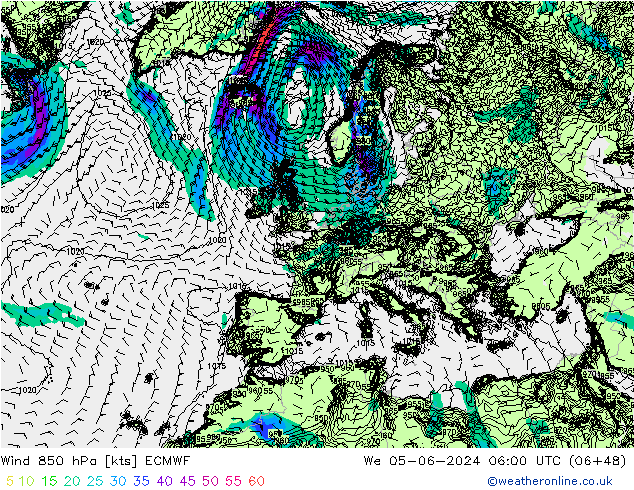 Vento 850 hPa ECMWF mer 05.06.2024 06 UTC