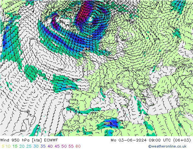 wiatr 950 hPa ECMWF pon. 03.06.2024 09 UTC