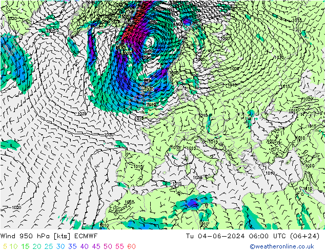 Wind 950 hPa ECMWF di 04.06.2024 06 UTC