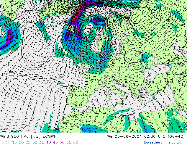 Wind 950 hPa ECMWF St 05.06.2024 00 UTC