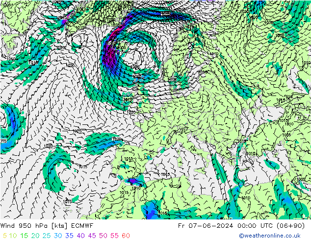 Vento 950 hPa ECMWF ven 07.06.2024 00 UTC