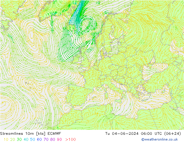 Streamlines 10m ECMWF Tu 04.06.2024 06 UTC