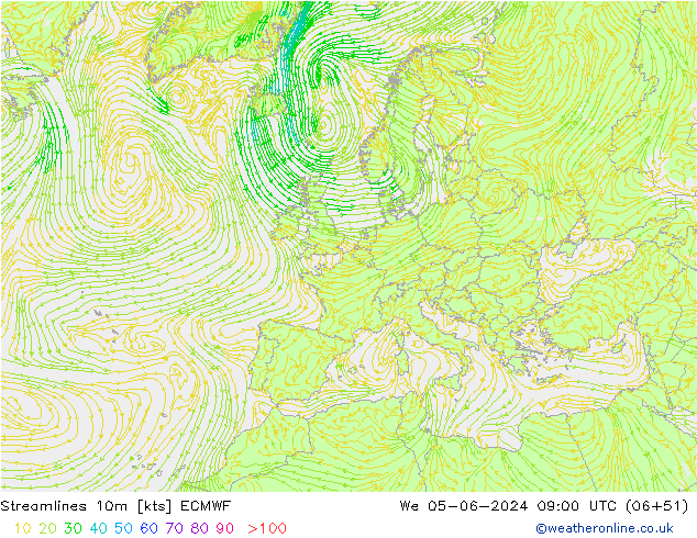 Stroomlijn 10m ECMWF wo 05.06.2024 09 UTC