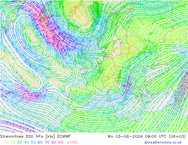 Streamlines 200 hPa ECMWF Mo 03.06.2024 09 UTC