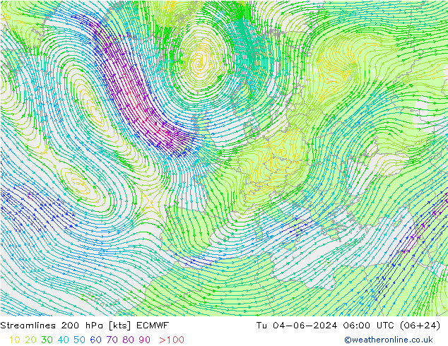 Linia prądu 200 hPa ECMWF wto. 04.06.2024 06 UTC