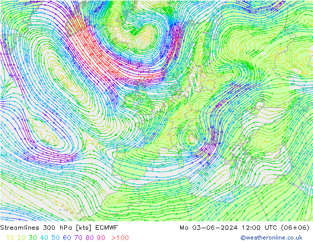 Stromlinien 300 hPa ECMWF Mo 03.06.2024 12 UTC