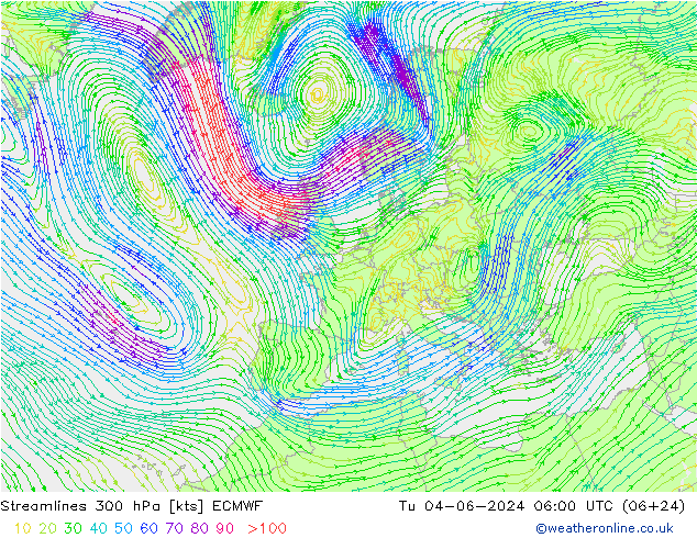 Línea de corriente 300 hPa ECMWF mar 04.06.2024 06 UTC