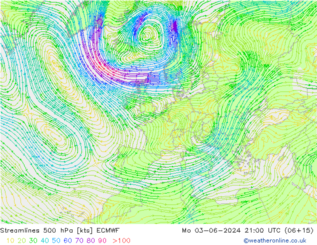 Ligne de courant 500 hPa ECMWF lun 03.06.2024 21 UTC