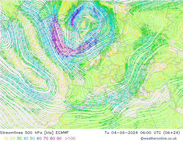 Linha de corrente 500 hPa ECMWF Ter 04.06.2024 06 UTC