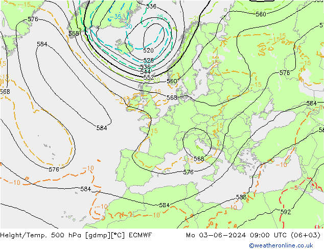 Height/Temp. 500 hPa ECMWF Mo 03.06.2024 09 UTC