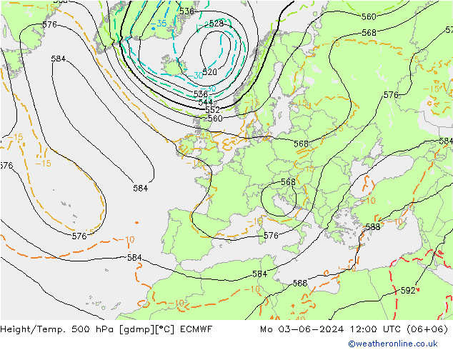 Z500/Rain (+SLP)/Z850 ECMWF pon. 03.06.2024 12 UTC