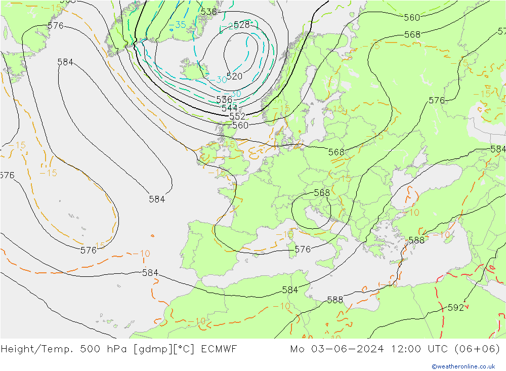 Z500/Rain (+SLP)/Z850 ECMWF Mo 03.06.2024 12 UTC