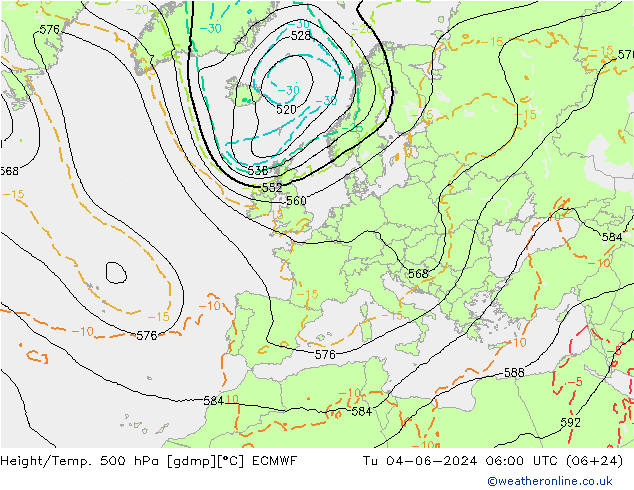 Height/Temp. 500 hPa ECMWF Tu 04.06.2024 06 UTC