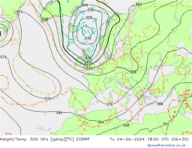 Z500/Rain (+SLP)/Z850 ECMWF Tu 04.06.2024 18 UTC