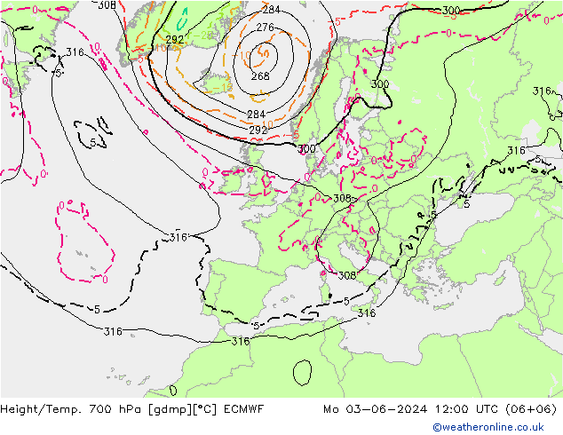 Height/Temp. 700 hPa ECMWF Mo 03.06.2024 12 UTC