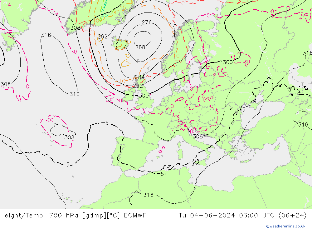 Geop./Temp. 700 hPa ECMWF mar 04.06.2024 06 UTC