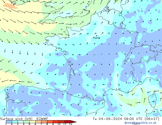 Rüzgar 10 m (bft) ECMWF Sa 04.06.2024 09 UTC