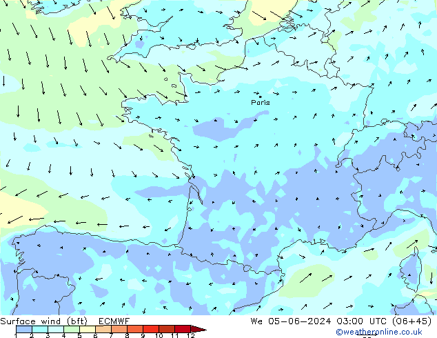 Wind 10 m (bft) ECMWF wo 05.06.2024 03 UTC