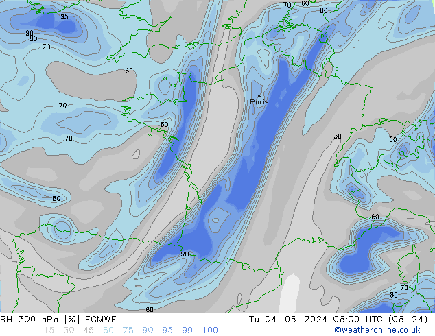 RH 300 hPa ECMWF Út 04.06.2024 06 UTC