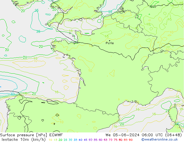 Isotachs (kph) ECMWF Qua 05.06.2024 06 UTC